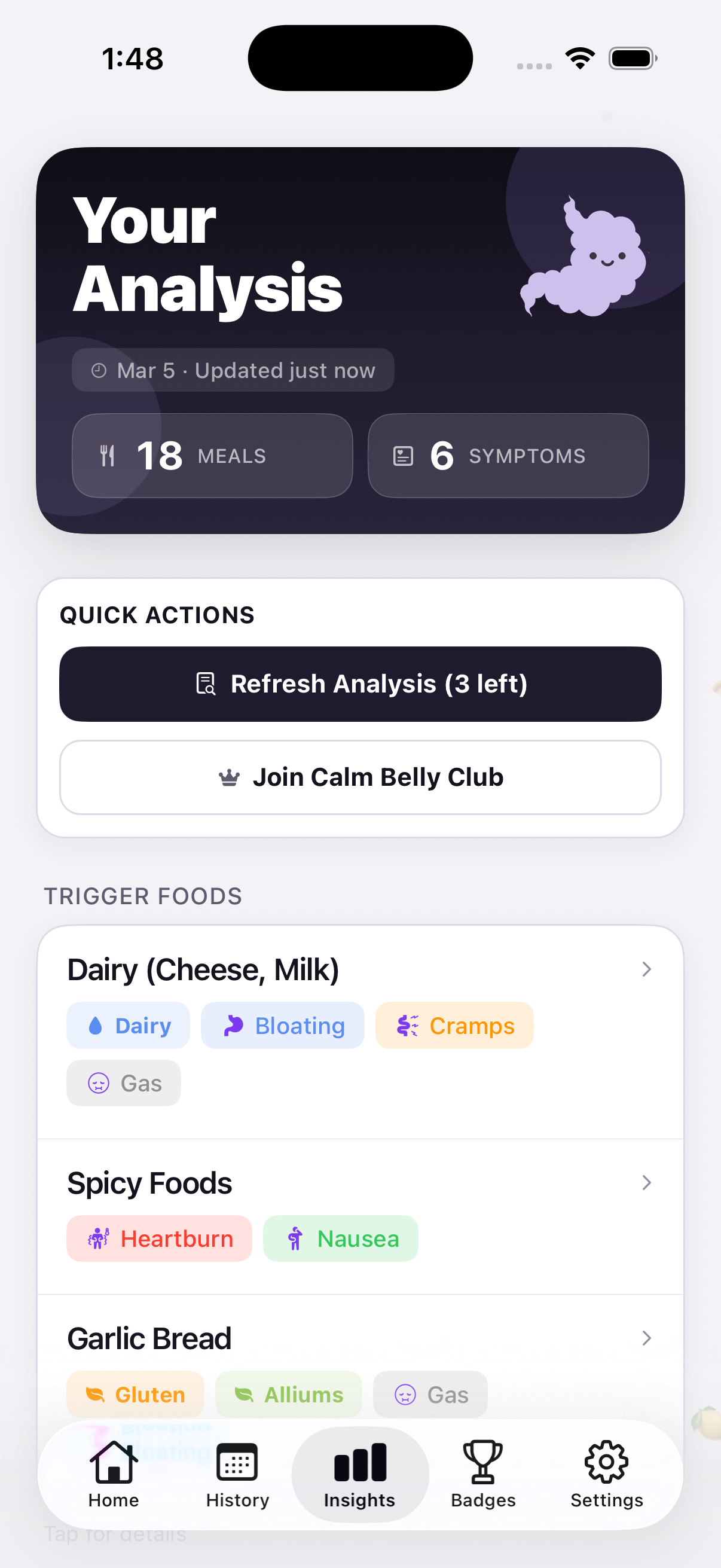 TummyHurty insights screen showing AI analysis progress and food data